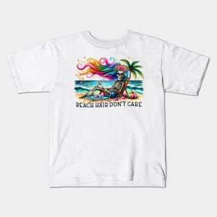 Beach Hair Don't Care Skeleton Tropical Scene Ocean Kids T-Shirt